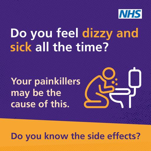 Painkillers side effects social media graphic (dizzy and sick)