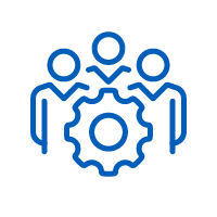 Icon: Outline of 3 people standing around a cog symbol