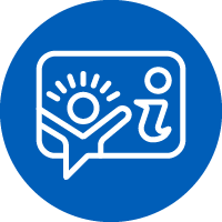 Icon: Outline of person singing / waving in speech bubble with i symbol