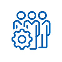 Icon: Outline of 3 people standing with cog symbol in front of them