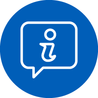 Icon: Outline of speech bubble and i symbol inside.