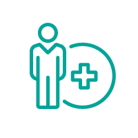 Icon: Outline of person standing in front of a circle symbol with a medical cross in the centre.