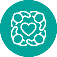 Icon: Outline of group of 4 people standing in a circle and holding a heart.