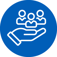 Icon: Outline of hand holding 3 people